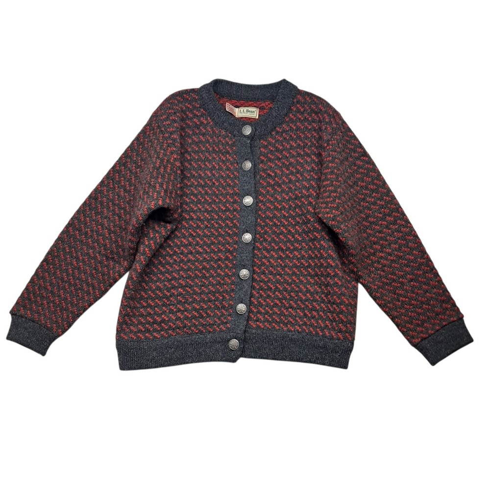 L.L. Bean Charcoal and Red Knit Button-Front Cardigan